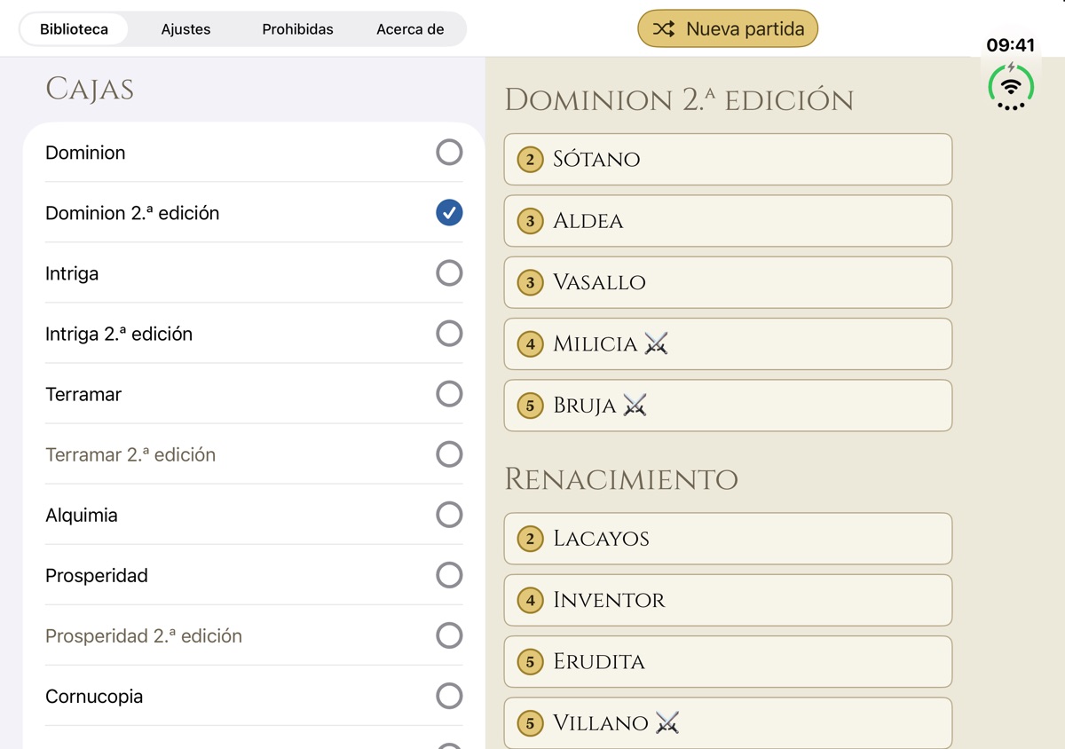 Dominion Minion desplegado en el iPhone Duo: a la izquierda, la Biblioteca con las expansiones; a la derecha, las cartas del Reino