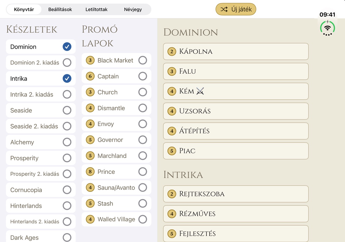 A Dominion Minion kinyitott iPhone Duón: balra a kiegészítők könyvtára, jobbra a királyságkártyák