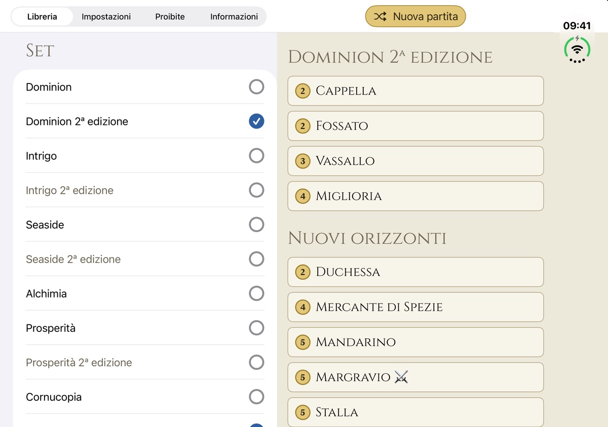 Dominion Minion aperto sull’iPhone Duo: a sinistra la Libreria con le espansioni, a destra le carte Regno