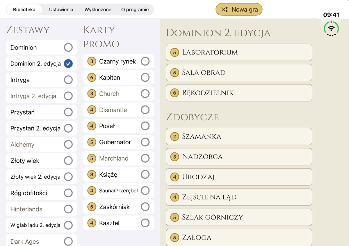 Dominion Minion rozłożony na iPhonie Duo: po lewej biblioteka z dodatkami, po prawej karty królestwa