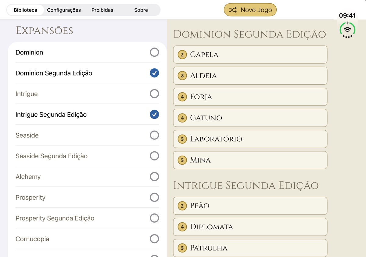 Dominion Minion aberto no iPhone Duo: a Biblioteca de expansões à esquerda, as cartas de Reino à direita